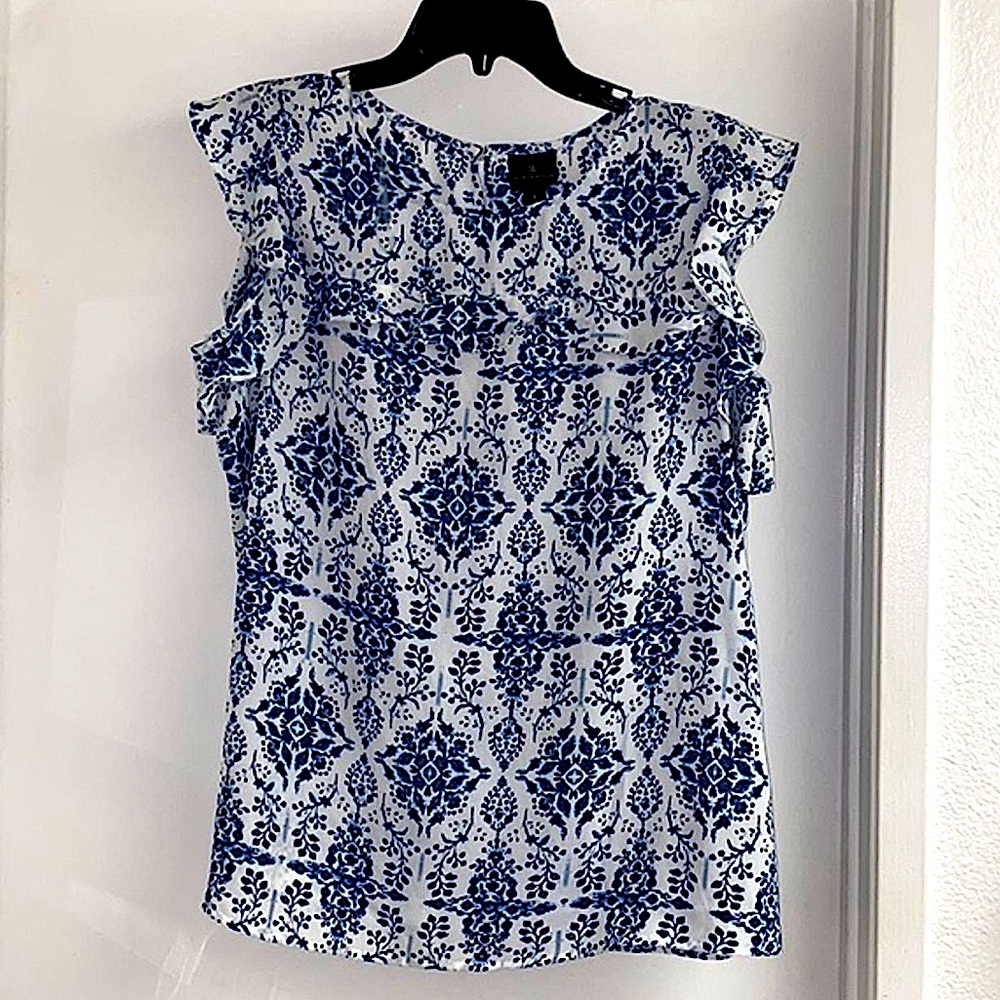 Worthington Blue Floral Patterned Women's Top small ruffle cap sleeve